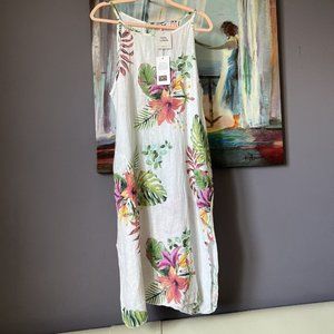 Lungo L'arno S Floral 100% Linen Midi Beach Hawaiian Floral Dress Made In Italy